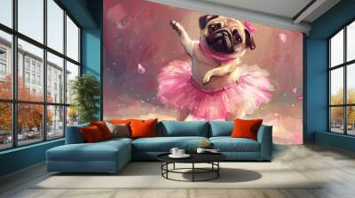 A little funny pug dances in a pink tutu. Cute cheerful dog ballet dancer. Female puppy posing. Art illustration style. Nice ballerina pup stands on its hind legs. Begs for a treat. Pet store concept. Wall mural