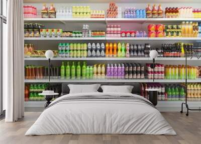 A retail shelf in a grocery store aisle filled with a variety of food and drinks. Different bottles with yogurt, juices and other dairy row. Wall mural