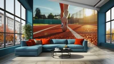 Athlete legs close up at sport stadium. Female runner prepare for jog. Jogger workout. Woman run race track athletic arena. Girl training outdoor racetrack. Sneakers closeup. Active person lifestyle. Wall mural