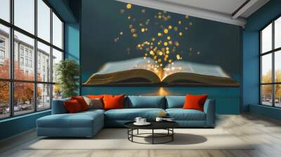 Beautiful flickering light comes out of the open holy book. Golden shining glowing light. Historical sacred textbook. Ancient shiny storybook. Magic old fairy tale. Cultural literature. Peaceful glow. Wall mural