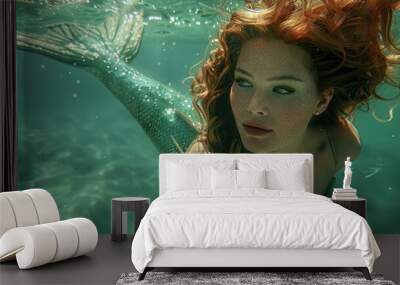 Beautiful redhair girl swimming. Pretty mermaid woman tail water reflection. Attractive sexy female model. Nature beauty. Clean water. Mystical wet fairytale siren creature. Ocean legend underwater. Wall mural