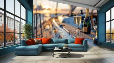 Bottle of champagne on luxury boat. Sparkling wine drink. Outdoor lifestyle on sail yacht tropical travel vacation. Summer weekend concept. Wall mural