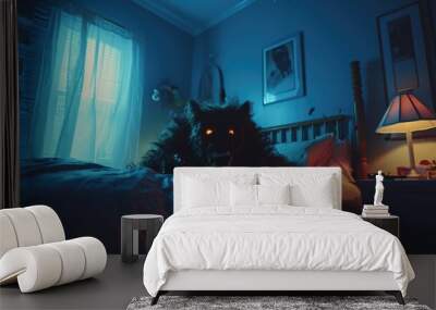 Child had nightmare. Scary werewolf with glowing eyes sit on bed. Spooky creepy creature. Insomnia or sleep paralysis concept. Bad dream. Anxiety stress problem. Monster or demon wolf. Mental health. Wall mural