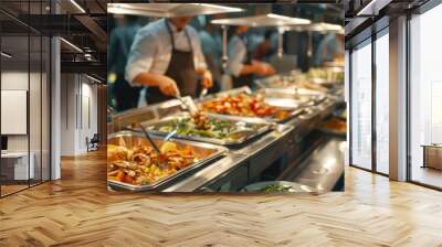 Customers selecting dishes from a buffet line filled with fresh ingredients and natural foods, including salads, garnishes. People choose different meals at all inclusive restaurant. Self service cafe Wall mural