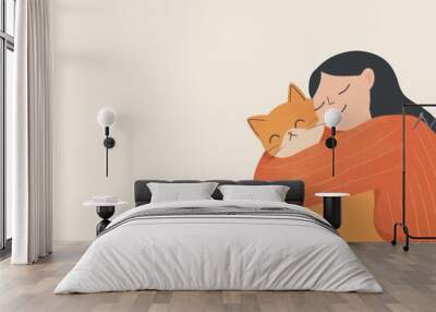 Cute girl hug funny red fat cat. Art illustration isolated on light beige background. Copy space for your text. Products for animals, pets. Volunteer concept Woman embrace redhead kitten. Minimalistic Wall mural