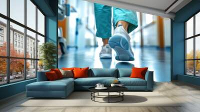 Doctor walks along the corridor of the clinic. Hospital background. Medical healthcare concept. Med office. Nurse rushes to help a patient. Ground level view. Legs close up. Wall mural