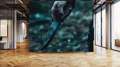 Evil Man hold knife wants to kill. Scary serial killer with blade. True crime concept. Dangerous male maniac attack, dark city street. Angry annoyed guy solve conflict. Horror scene Furious aggression Wall mural