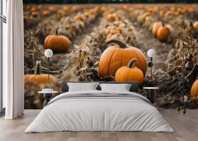 Field of orange pumpkins patch close up. Autumn seasonal harvest in the village. Many, lots of healthy vegetables closeup. Concept of agriculture. Halloween background. Beautiful sunset. Fall Fair. Wall mural