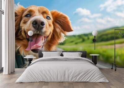 Funny dog's muzzle looks out of car window during a road trip. Happy pet sticks out its tongue in the wind and enjoys a auto ride. Cute doggy have fun. Joyful travel with animal. Curious pup. Summer. Wall mural