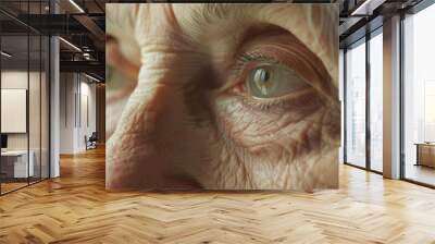 Grandma wrinkles close up. Old lady look. Senior elderly female face closeup. Retired 60s woman macro shot. Beautiful grandmother. Natural beauty concept. Aged pensioner eyelids. Eyes health care. Wall mural