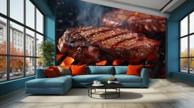 Grilling beef meat dinner. Cooking red steak close up. Barbecue meal. Bbq diet concept. Tasty roasted food. Baking beefsteak. Delicious pork slice. Restaurant well done dish. Barbecue outdoor party. Wall mural