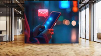 Hand of person use mobile phone for email with notification alert. Online communication concept. E mail icon fly abstract. Man receive sms on smartphone. Internet connection. Send message. Neon light. Wall mural