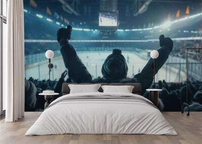 Happy fan cheer large ice hockey arena. Big game stadium. Cheerful man raise hands up. World championship match. Many men rejoice players win. People watch hockey competition. Professional sport rink. Wall mural