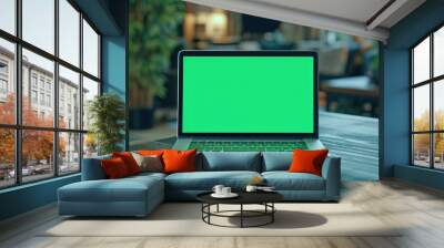 Laptop with green screen mock up lying on table. Computer with chroma key template. MacBook display close up. Business mockup empty blank space. Modern gadget on wooden table in horizontal position. Wall mural