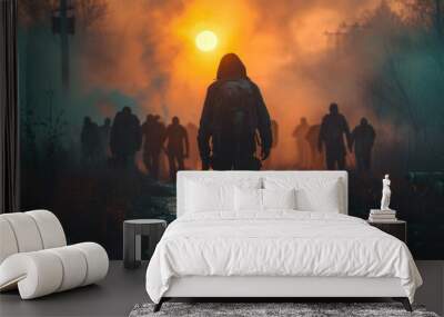 Man with gun goes to kill scary walking dead. Zombie attack. War against wickedness. Creepy nightmare horror. Infected people eat brain. Group of monsters silhouette. Terrible enemies. Wall mural