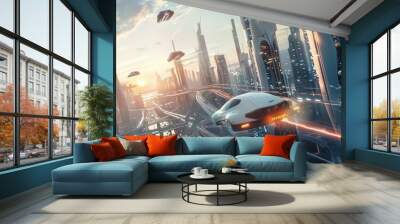 Modern futuristic city of future with flying cars and skyscrapers. Cityscape background with spaceships. Cyber megalopolis. Urban buildings. High tech town. New transport. Wall mural