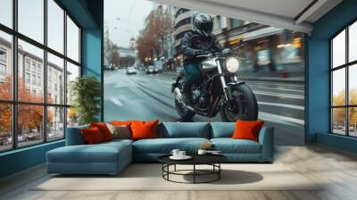 Motorbike rider drive very fast. Cool motorcyclist ride motor bike. Blur city background. Fast speed concept. Brutal biker on motorcycle. Extreme racer journey. Moto adrenaline. Urban road way. Wall mural