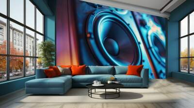 Multimedia acoustic sound music speaker with neon lighting background. Sound audio system with satellites and subwoofer. Musical home theater. Night club. Wall mural