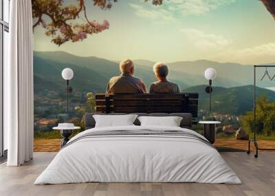 Old couple enjoy beautiful mountain view. Active pensioners journey travel. Family trip. Happy retirement concept. Mature pensioner people hike outdoor. Elder joy hiker walk outside. Europe vacation. Wall mural