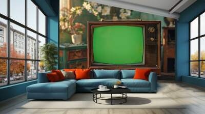 Old retro box tv with green screen mock up on table. Vintage television set with chroma key template. Empty mockup, blank space. Old fashion tv on wooden table in horizontal position. Home background. Wall mural