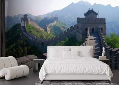 The Chinese great wall at Badaling in the mountains in the north of the capital Beijing. Wonder of the world. Beautiful view. Famous ancient wall of China. Travel concept. Asian history. Green hills. Wall mural