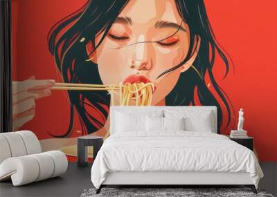 Woman eat Asian instant noodles with chopsticks close up. Delicious Chinese dish. Traditional hot ramen with sauce bowl Japanese restaurant. Tasty spicy fresh dinner. Hungry person. Art illustration. Wall mural