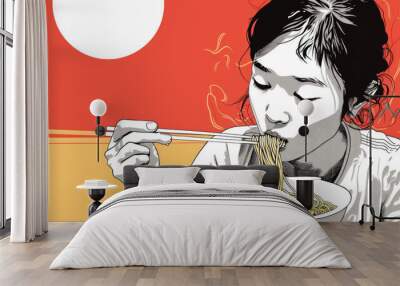 Woman eat Asian instant noodles with chopsticks close up. Delicious Chinese dish. Traditional hot ramen with sauce bowl Japanese restaurant. Tasty spicy fresh dinner. Hungry person. Art illustration. Wall mural