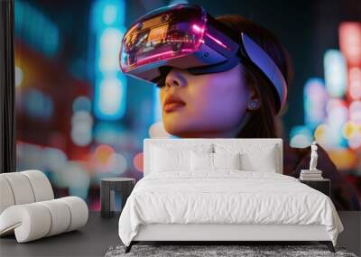 Woman wear modern virtual devise. Mixed reality headset. Digital spatial computer. Girl VR glasses walk city street. High tech vision. Futuristic future concept. Technology innovation. Life simulation Wall mural