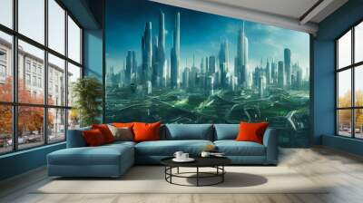 3D rendering of a futuristic cityscape in mystic lights Wall mural