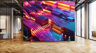 Circuit Board with Neon Lights Wall mural