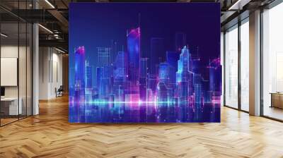 City skyline with neon lights, futuristic buildings. Skyscraper futuristic city. Wall mural