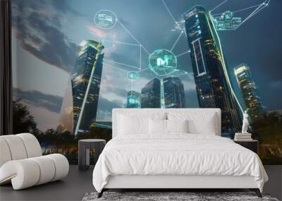 Cityscape at Twilight with Digital Overlays Wall mural