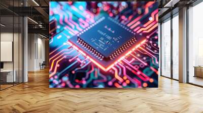 Closeup of a glowing circuit board with a processor chip in the center Wall mural