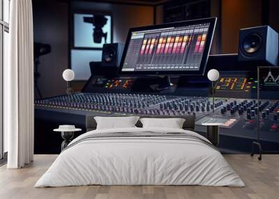 Control Desk, Console Fader View on Professional Audio Sound Mixer in Modern Music Recording Studio. Wall mural