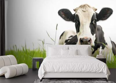 dairy cows in field on rural farm, ,Farm Black and white cow standing and eating grass on green pasture, Wall mural