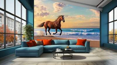 Horse Running on Beach at Sunset Wall mural