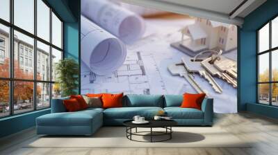 House with blueprint and key on white paper Wall mural