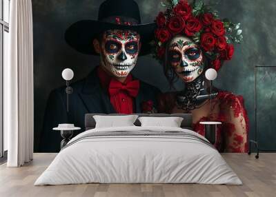 couple dressed as catrina, skull to honor the dead in Mexico. Dressed with white face, black eyes and a bouquet of red roses Wall mural