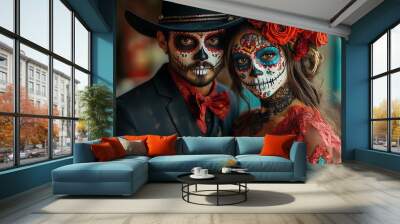 couple dressed as catrina, skull to honor the dead in Mexico. Dressed with white face, black eyes and a bouquet of red roses Wall mural