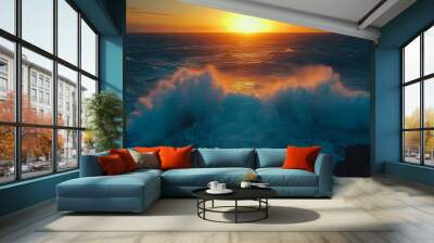 Spectacular drone photo, top view of seascape ocean wave crashing rocky cliff with sunset at the horizon as background. Wall mural