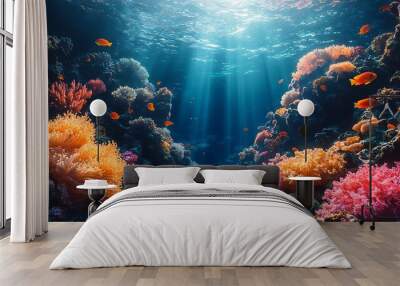 Tropical sea underwater fishes on coral reef. Aquarium oceanarium wildlife colorful marine panorama landscape nature snorkel Wall mural