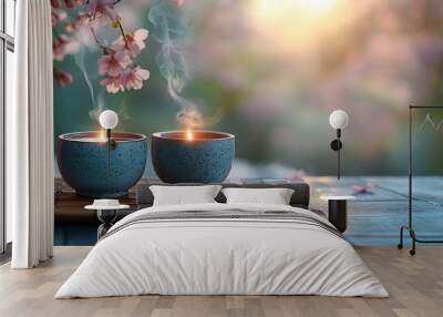 Two tea cups on a traditional bamboo mat, with soft steam rising, peaceful tea break. Wall mural