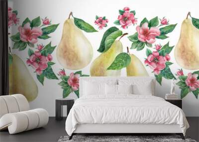 Watercolor border Pear. Fruits, leaves and flowers Wall mural