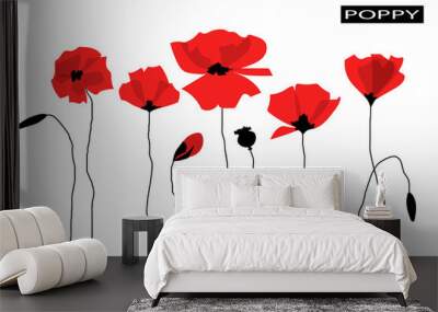 Abstract red poppy flowers. Isolated on white background. Flat cartoon style. Wall mural