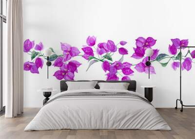 Beautiful floral border with purple bougainvillea. Branch with exotic flowers and leaves isolated on white background. Hand drawn watercolor. Wall mural