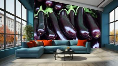 Pile of ripe fresh eggplants, close up. Wall mural