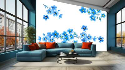 Set of beautiful blue forget-me-not flowers. Delicate floral branches and leaves isolated on white background. Hand drawn watercolor. Wall mural