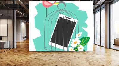 Smart phone in a cage, the bird is free. Concept digital detox, flat style. Wall mural