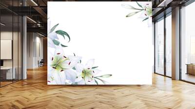 Two corner frame with white lilies, leaves and buds. Hand drawn watercolor. Copy space. Wall mural