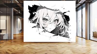 Manga eyes looking from a paper tear. Anime girl peeps out isolated on white background. Vector illustration EPS10 Wall mural